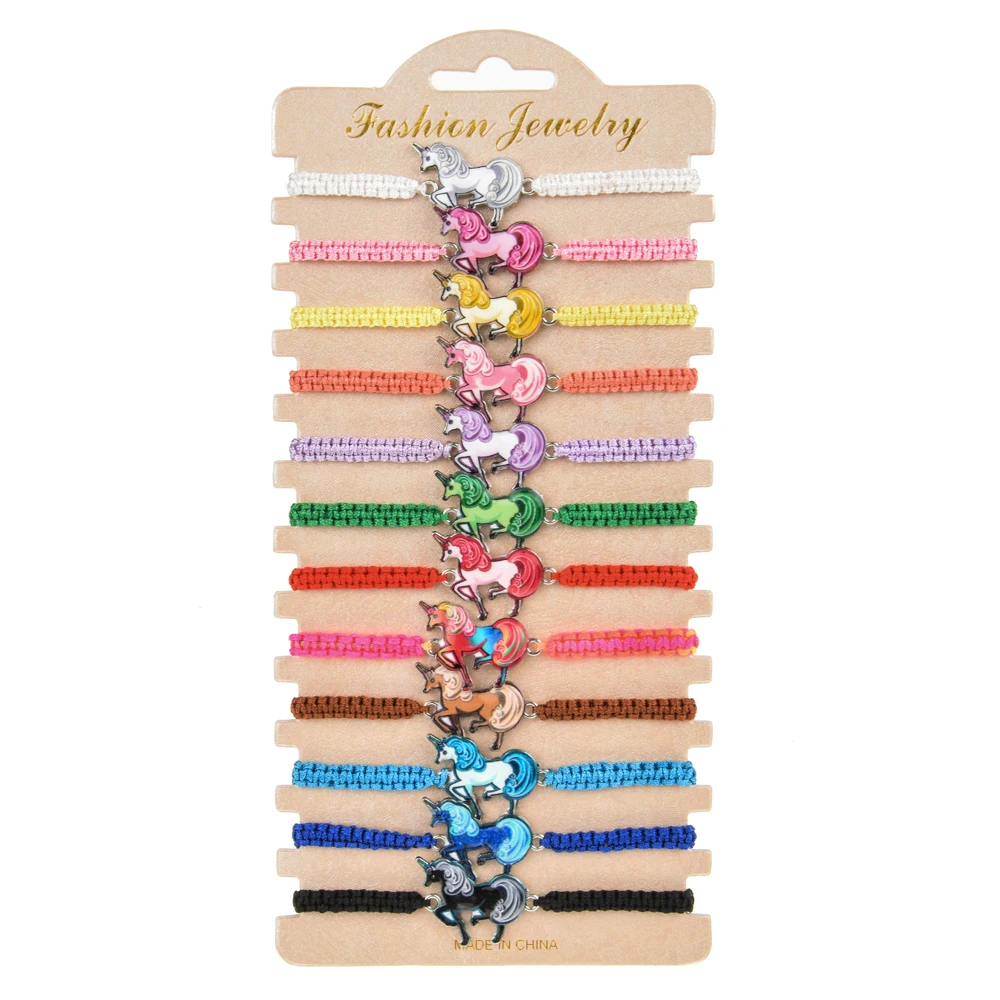 

12pcs/Set Enamel Unicorn Charms Bracelet for Women Adjustable Braided Rope Chain Animal Anklet Wristband Handmade Jewelry Gift
