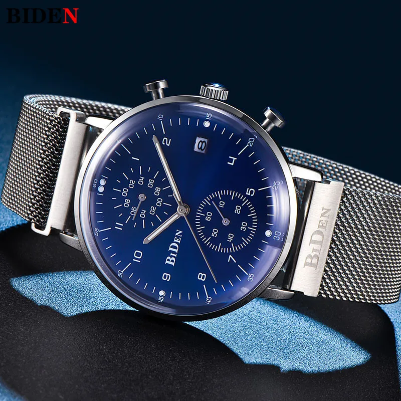Мужские часы BIDEN relojes mujer кварцевые часы Отображение даты из нержавеющей стали с сетчатым ремешком водонепроницаемые наручные часы с хронографом 0075