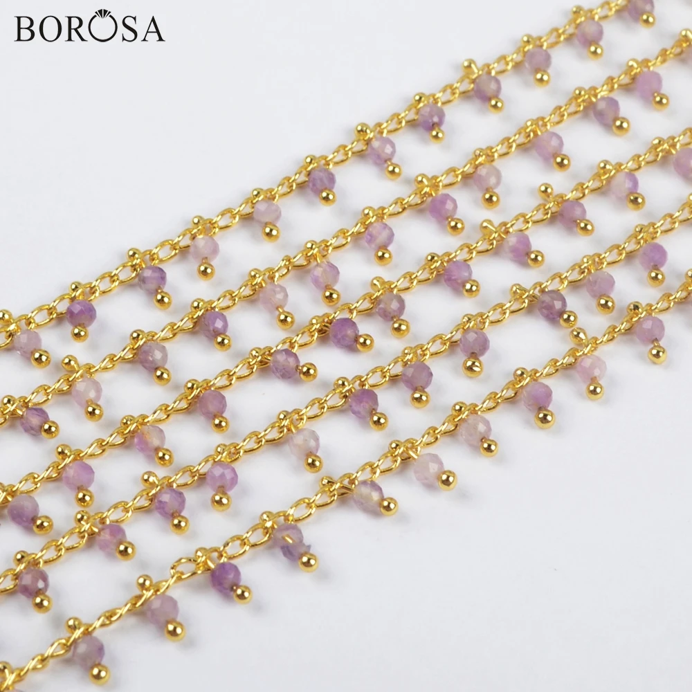 

BOROSA 3Meters Gold/Silver Electroplated 2mm Amethysts Beads Faceted Chains Natural Crystal Quartz Beads Brass Chains JT262