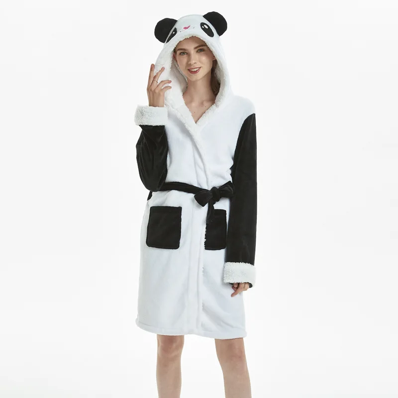 panda Женский фланелевый Халат с капюшоном, флисовый халат с поясом, мультяшная Милая Ночная рубашка, Женская милая Весенняя зимняя плотная теплая Домашняя одежда, Прямая поставка - Цвет: panda