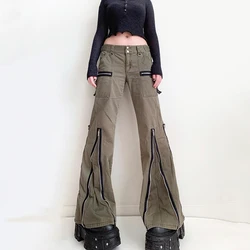 WeiYao – pantalon Cargo kaki à cloche Y2K, Punk, fermeture éclair, Alternative, Techwear, Denim, taille haute, Baggy, Street 
