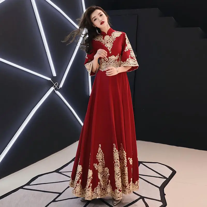 Темно-красные вечерние тонкие платья вечернее длинное Cheongsam ретро свадебное платье китайский стиль свадебное Qipao Дамская одежда Vestido XS-3XL - Цвет: Dark Red - F