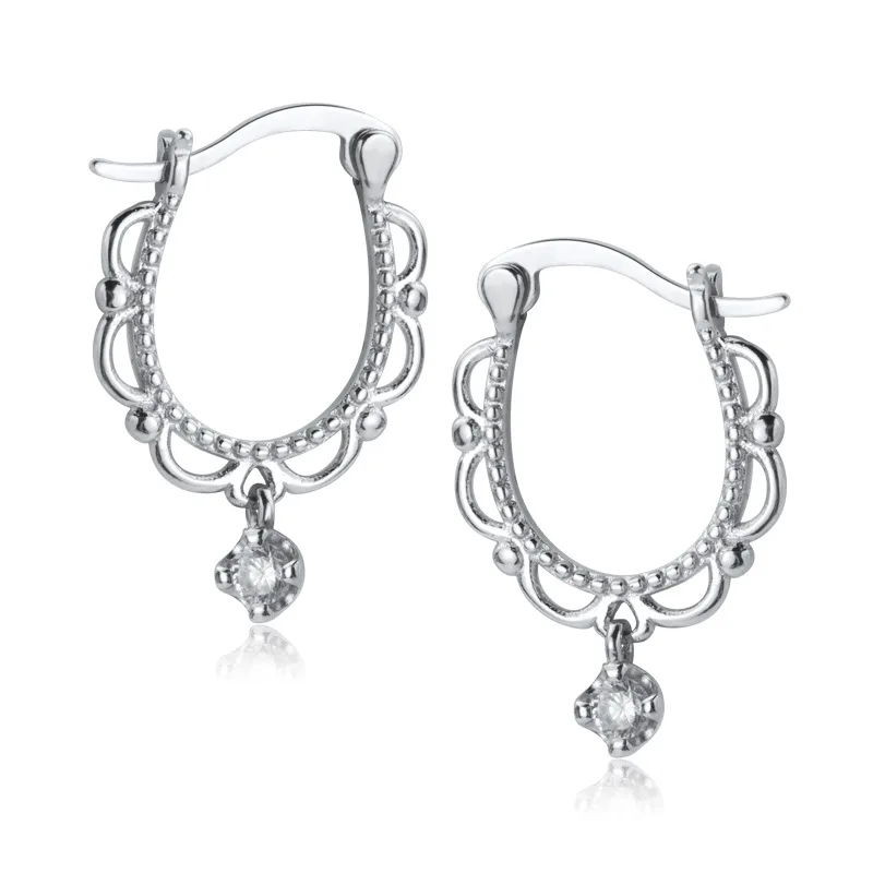 

Real 925 Sterling Silver Dainty Lace Pattern Clip On Earrings Hollow Zircon Earrings for Women