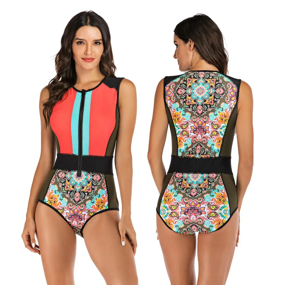 2020 New Rashguard Swimsuit One Piece Print Surf Swimwear Women Bodysuit Beach Bikini Zip Push Up Swim Suits Sport Monokini XXL