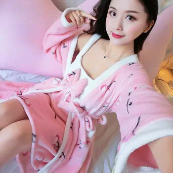 

Kimono Gown Women Thick Flannel 2PCS Robe Set Sexy Nightgown Home Wear Lougne Nighrdress With Belt Soft Sleepwear Night Dress