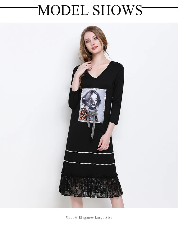 Autumn Lace Patchwork Dress Women Plus Size 5xl Casual Black V-neck Three Quarter Sleeve Spring Office Party Dress Vestidos Robe