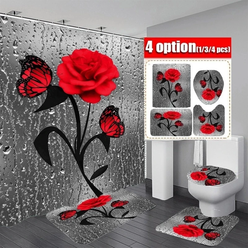 Juego de alfombrilla antideslizante para baño, juego de cortina de ducha resistente al agua, alfombra de Pedestal, tapa de inodoro, alfombrillas de alfombra de baño, color rojo rosa y mariposa