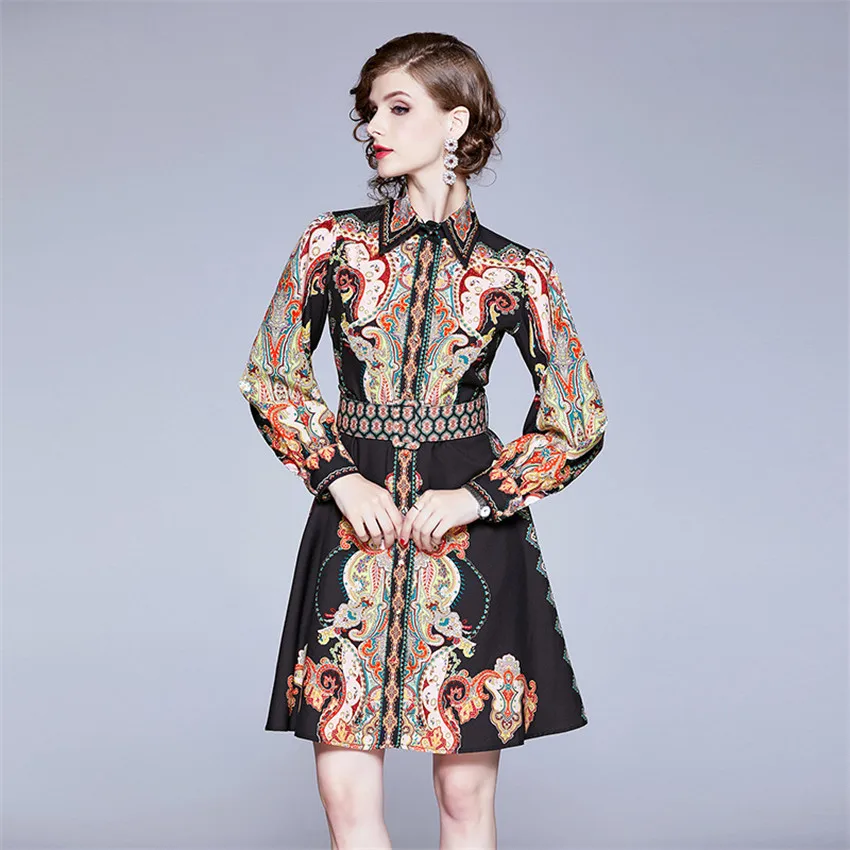 Vintage Printed Shirt Dress Lantern Sleeve Designer Runway Dresses 2020 Women High Quality Luxury Spring Autumn Vestidos | Женская