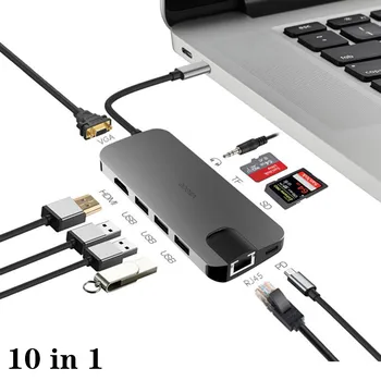 

10 in 1 USB C HUB USB 3.0 HUB Type C USB Splitter Thunderbolt 3 USB-C Dock Adapter TF/SD Card Reader RJ45 LAN For MacBook Pro