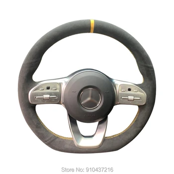 

For Mercedes-Benz A-Class W177 2018-2019 All Black Suede Leather Yellow Marker Steering Wheel Hand Sewing Wrap Cover