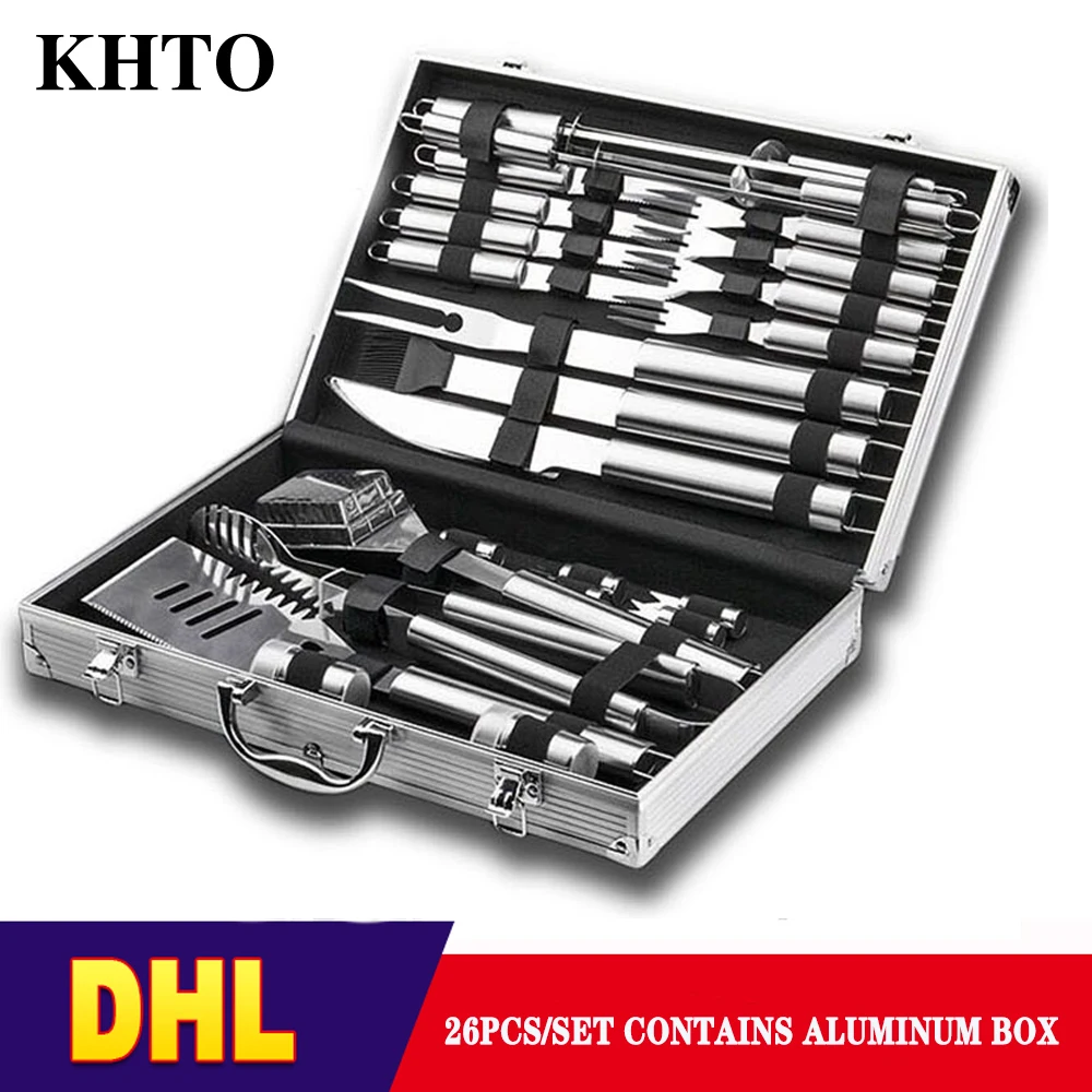 26Pcs Stainless Steel BBQ Tools Set Barbecue Grilling Utensil Accessories Camping Outdoor Cooking Tools Kit with Aluminum Box| | - AliExpress
