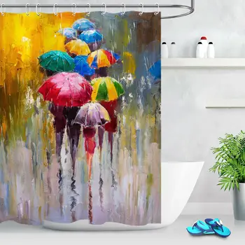 

Oil Painting Rainy Day Shower Curtain Set Bathroom Waterproof Fabric