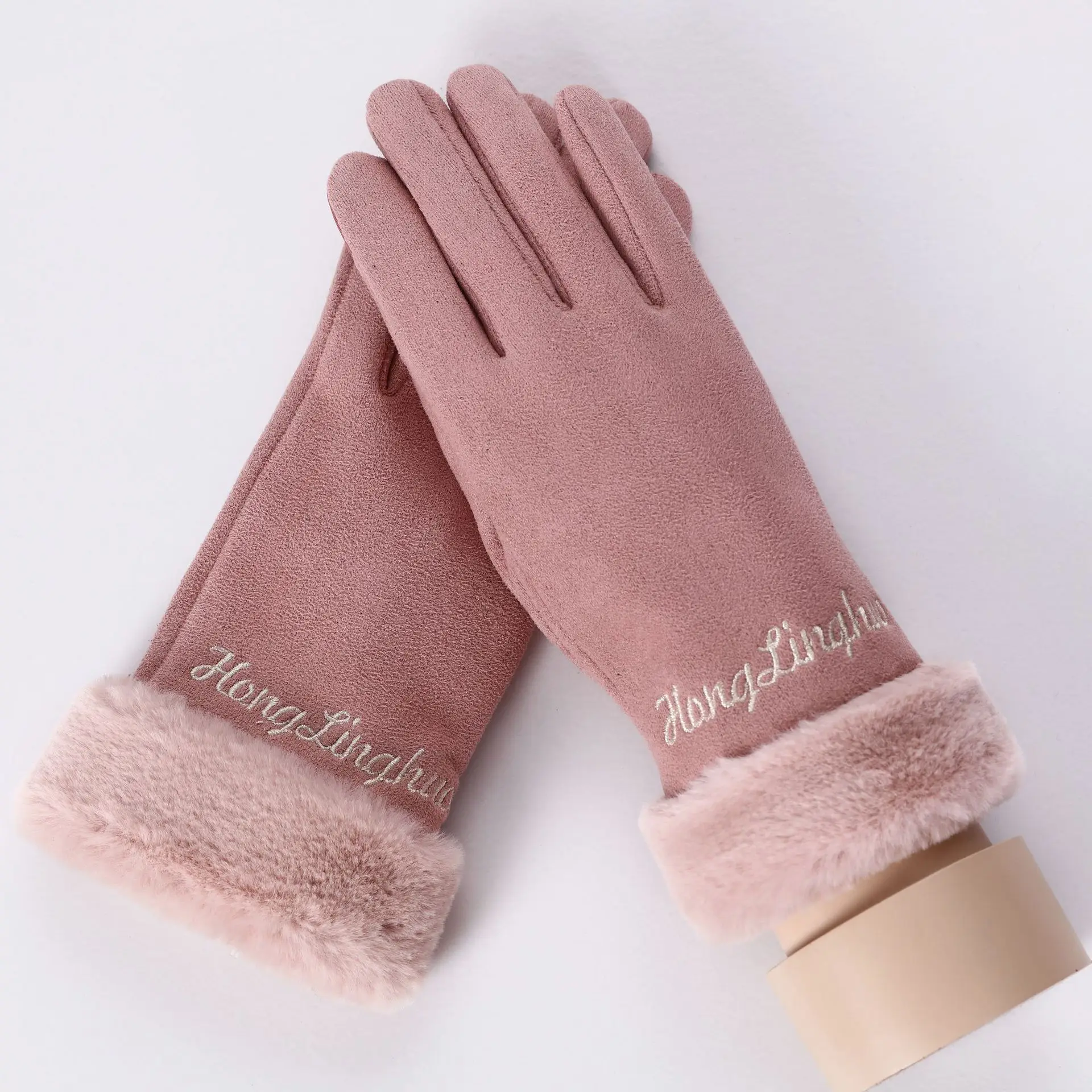 082D-Skin Pink Sparsil, женские зимние теплые перчатки для сенсорного экрана, кашемировые, на запястье, на все пальцы, варежки, для девушек, модные, кружевные, элегантные, женские перчатки - Цвет: 082D-Skin Pink