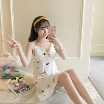 

New Style Sexy Spaghetti Strap Pajamas Female Summer Simple Comfortable Mid-length Sleeveless V-neck Nightgown Sweet Cute with C
