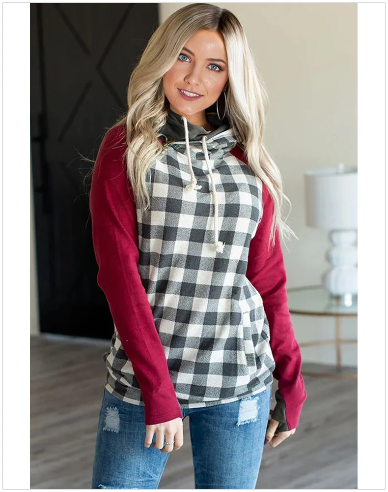 

Wowen's Autumn Simple Hoodie Raglan Sleeve Patched Hooded Lady Pullover with Pockets Plaid Camo Sweatshirt Female Streetwear