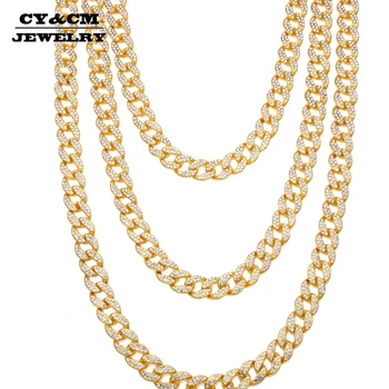 

15mm Iced Out Bling CZ Rhinestone Crystal Gold Silver Color Miami Cuban Link Chain for Men Hip hop Necklace Jewelry Necklaces