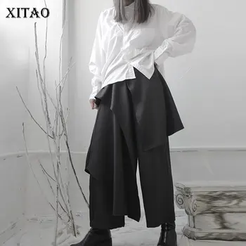 

XITAO Black Irregular Wide Leg Pants Fashion New Pleated Loose Goddess Fan Casual Style 2020 Spring Summer Loose Pants ZLL4886