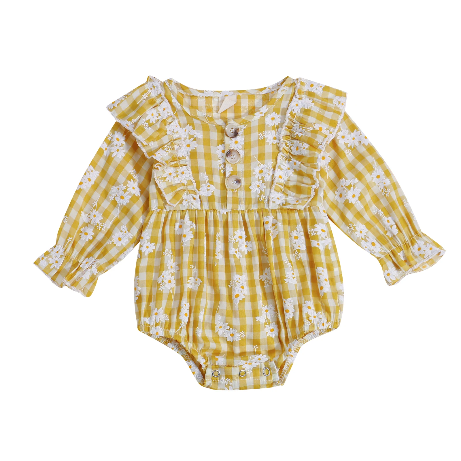 

Kids Baby Girl Clothes Casual Long Sleeve Jumpsuits Little Daisy Plaid Printing Triangle Romper Children's Clothing 0-24M Babies