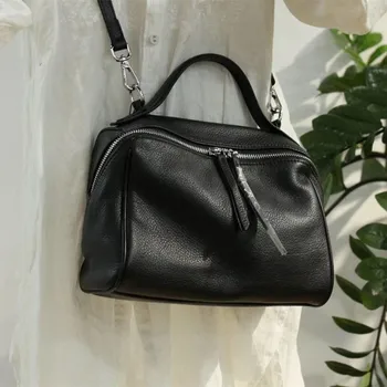 

100% Genuine Leather Women Handbag Retro Black Casual Tote Lady Grey Shoulder Bag Fashion Female Crossbody Messenger Purses