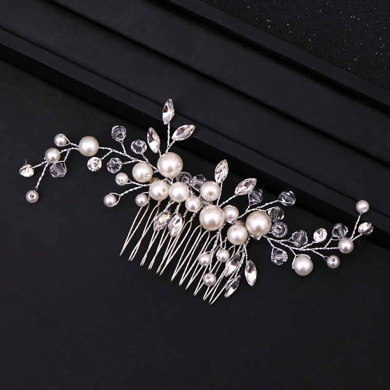 Silver Color Tiara Hair Combs for Women Bride Pearl Crystal Headpiece Wedding Hair Accessories Bridal Jewelry