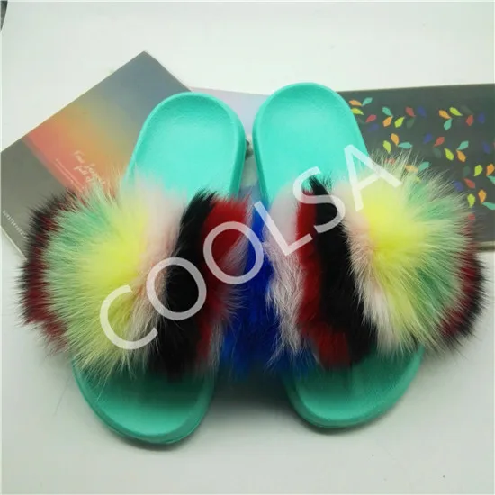 As shown COOLSA/женские зимние тапочки с лисьим мехом; милая домашняя обувь; зеленый плюшевый цвет; женские меховые шлепанцы; женские меховые Вьетнамки; женские меховые сандалии - Цвет: As shown