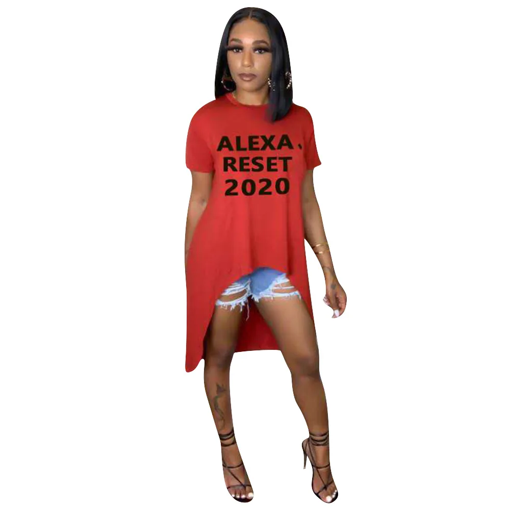 Echoine 2020 Summer Alexa Reset 2020 Letter Print Women O-neck Short Sleeve Irregular Long T-shirt fashion casual Party Tee