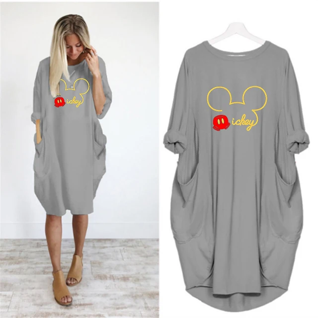 Mickey Mouse Dress for Women Casual Loose Midi Dresses Leopard Print Pocket Vintage Vestido Fall Maxi Clothes Kawaii Robe Femme D002M300 Gray