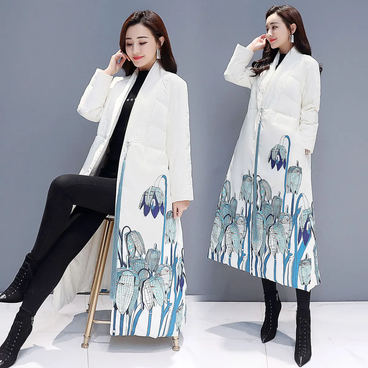 

Ethnic-Style Cotton-padded Clothes Women's Mid-length 2018 New Style Winter Retro Chinese-style Printed Loose-Fit down Jacket Co