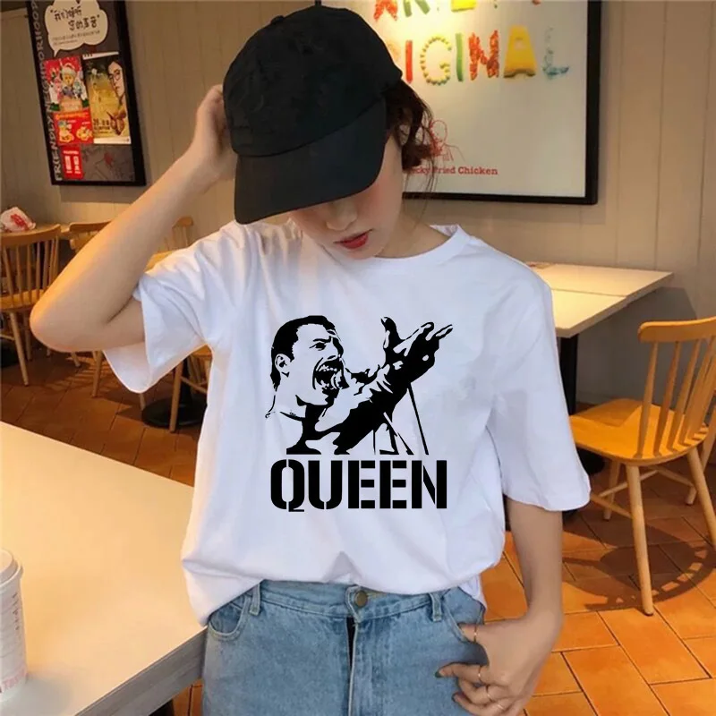 Freddie Mercury T Shirt The Queen Band Rock T-Shirt Women Hip Hop Casual Tshirts Harajuku Female Top Tee Shirts Streetwear