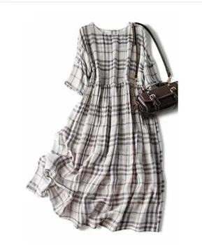 

2020 New Vintage British Plaid grey off shoulder sleeve loose big swing silk dress