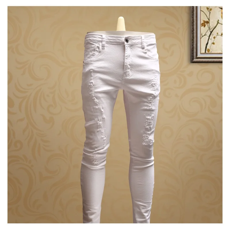 Casual Skinny Ripped White Jeans Streetwear Distressed Pants for Cowboys Men PSMJ74
