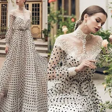 Винтажное кружевное черно-белое вечернее платье в горошек с длинными рукавами и высоким воротом, Арабский кафтан, Дубай, выпускные платья, вечерние платья