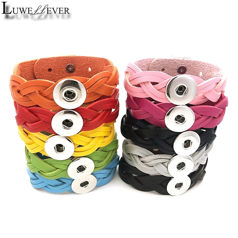 

New Candy Colors 184 Real Genuine Leather Retro Fashion Bracelet 18mm Snap Button Bangle Charm Jewelry For Women Gift