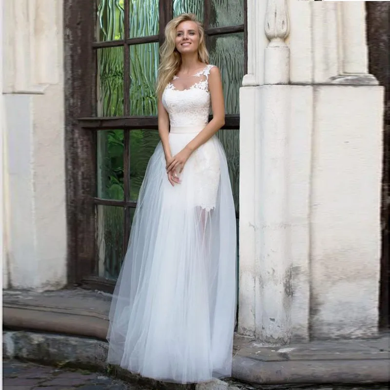 

New Sleeveless A-Line Wedding Dresses High quality Appliques Lace with Detachable train tulle Wedding Gowns vestido de noiva
