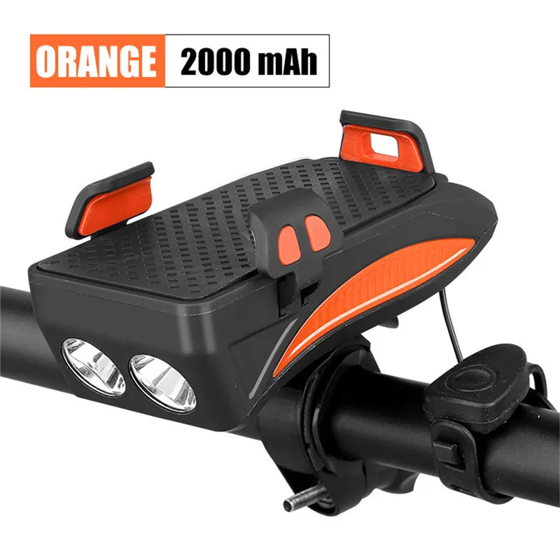 Многофункциональный держатель для телефона на велосипед, двойной светодиодный мигающий светильник, кронштейн для динамика, крепление для телефона на велосипед, крепление на руль, держатель для велосипеда - Цвет: orange 2000MAH