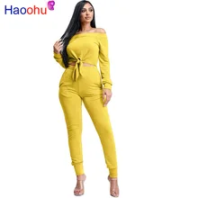 

HAOOHU Winter Women Tracksuits Slash Neck Crop Lace Up Tops Pants Solid Two Piece Sets Fashion Casual Sporty SweatSuit