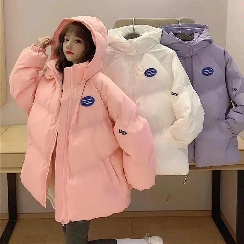 2023 Women Candy Colors Winter Hooded Puffer Jacket Female Loose Long Sleeve Thicken Coat Harajuku Warm Oversize Parkas White