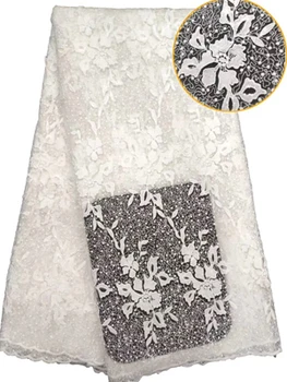 

2019 African Net Lace Fabric,High Quality Elegant White Sequins Nigerian Wedding Lace Fabrics 5Yards Sequins French Tulle ETB69