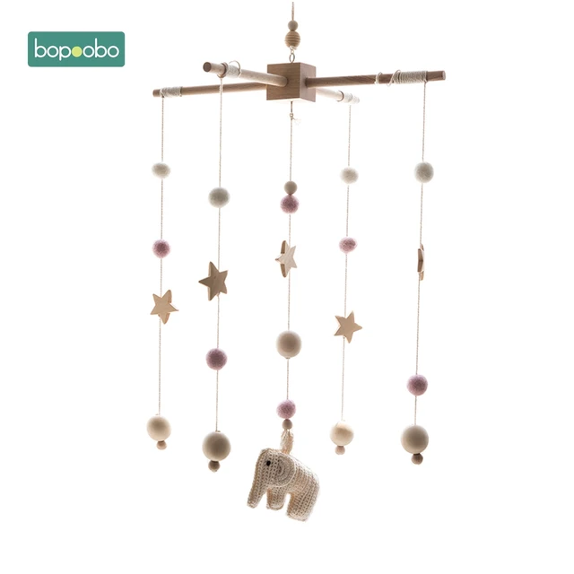 Bopoobo 1set Silicone Beads Baby Mobile Beech Wood Bird Rattles Wool Balls Kid Room Bed Hanging Decor Nursing Children Products Beige Elephant