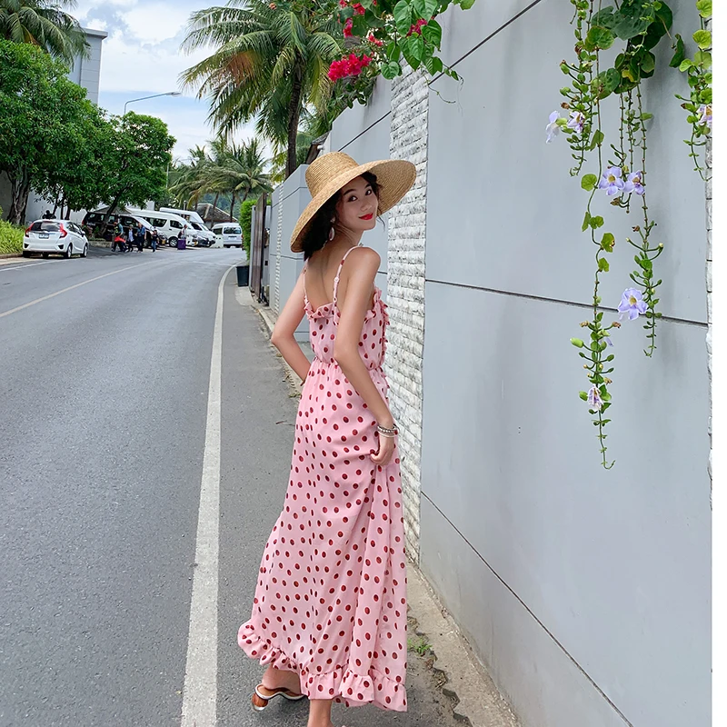 Женское длинное пляжное платье в горошек элегантное винтажное Корейском стиле с