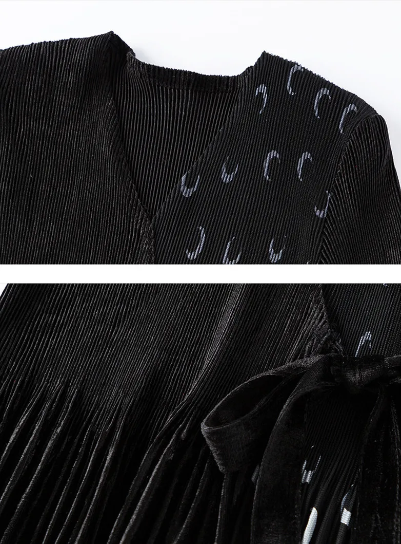 Miyake раза золото бархат сшивание длинное платье осень новые женские тонкие платья с принтом для похудения