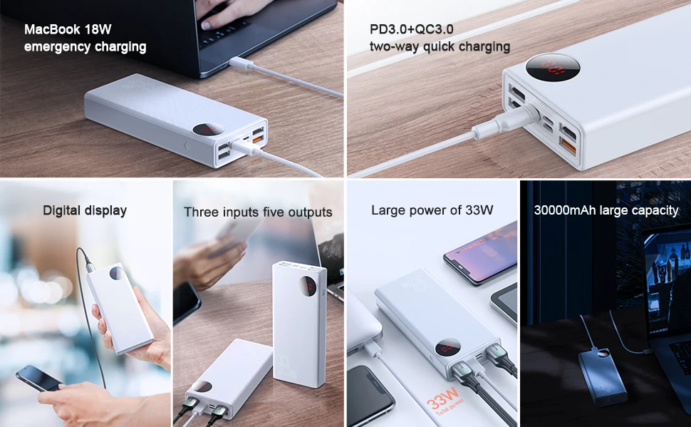 Baseus, 30000 мА/ч, внешний аккумулятор, usb type C, PD, быстрая зарядка, 3,0, внешний аккумулятор для Xiaomi, 30000 мА/ч, портативное Внешнее зарядное устройство