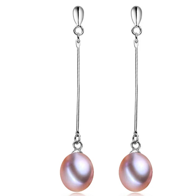 Real 925 sterling silver earrings freshwater long pearl earrings for women,natural pearl earring drop girlfriend best gift white - Цвет камня: purple pearl earring