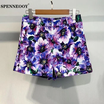 

SPENNEOOY Designer Custom Runway Women Summer Purple Floral Print Cotton Shorts Ladies Pockets Elegant Vintage Shorts