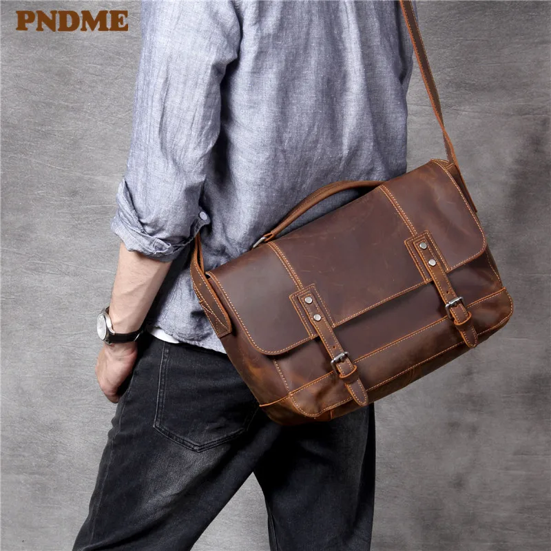 PNDME vintage natural crazy horse cowhide mens official document postage bag high quality genuine leather handbag work satchel