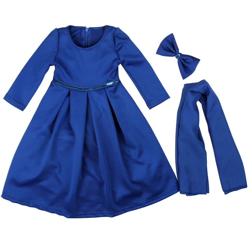 Blue dress 100-130 см, детский хиджаб для девочки+ платье, комплект одежды, однотонный полиэстер, мусульманские исламские костюмы для девочек, элегантное арабское платье - Цвет: Blue dress