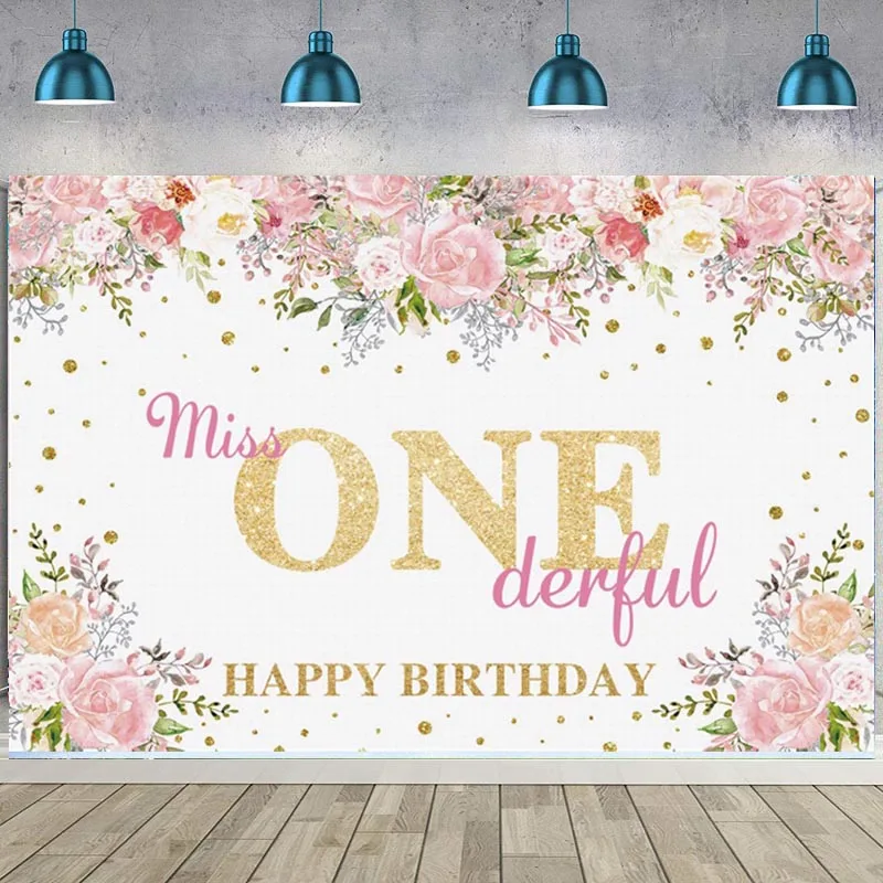 Miss Onederful Backdrop Watercolor Floral Golden Dot Baby Girl Happy 1st Birthday Party Photography Background For Photo Studio |