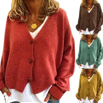 

Fashion Women Solid Color Long Sleeve Buttons Short Cardigan Loose Plus Size Coat