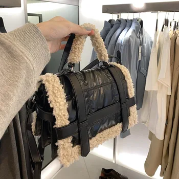 

Lamp Wool Bags Fashion Fur Bag Women Jumbo Capacity Totes Handbag Black Pu Leather Shoulder Messenger Sheep Fur Bag 2020 Winter