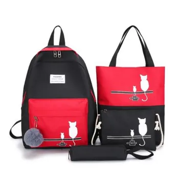 

4Pcs/Set Panelled Women Backpack Canvas Cat Pattern School Bag For Girl Patchwork Backpack Female Shoulder Bag